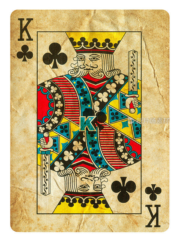 King Of Clubs old playing card - Isolated